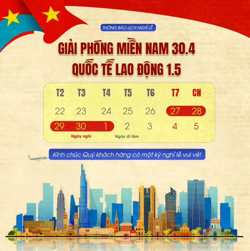 Banner poster holiday notice for April 30th and May 1st with a calendar and cityscape design poster social, poster thông báo lịch nghỉ lễ Ngày Thống nhất